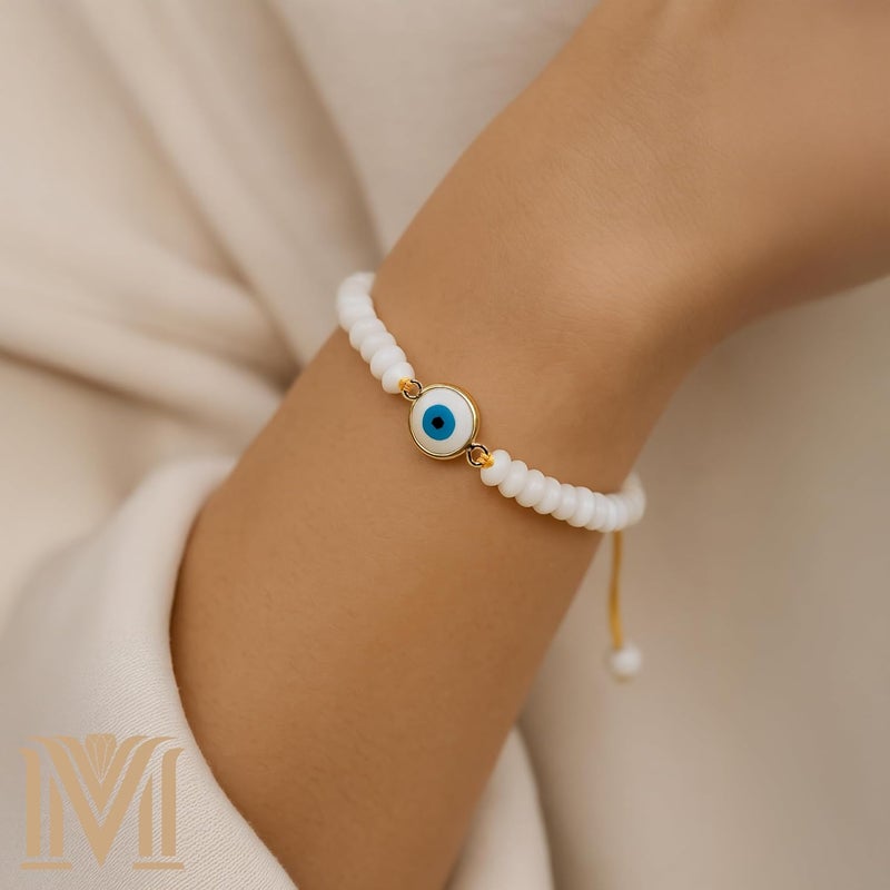Mana Gallery Handmade Evil Eye Bracelet – White Mother of Pearl Beads with Gold-Plated Blue Eye Charm – Adjustable Macramé Cord – Protective Jewelry Gift for Women - Image 2